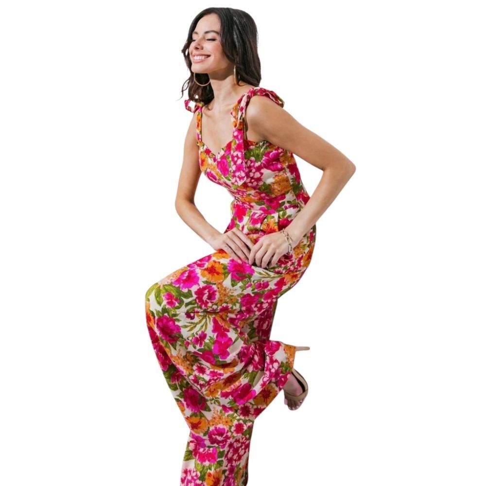 Flying Tomato Bonfire Weekends Linen Cotton Floral Wide Leg Jumpsuit Size Large - Picture 3 of 16